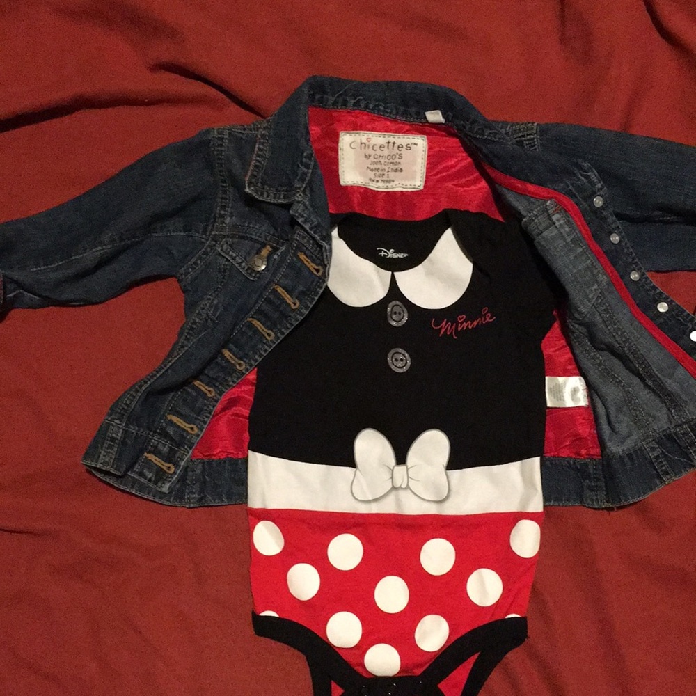 2 pieces for sale, size 18-24 month denim jacket and mini mouse bodysuit.